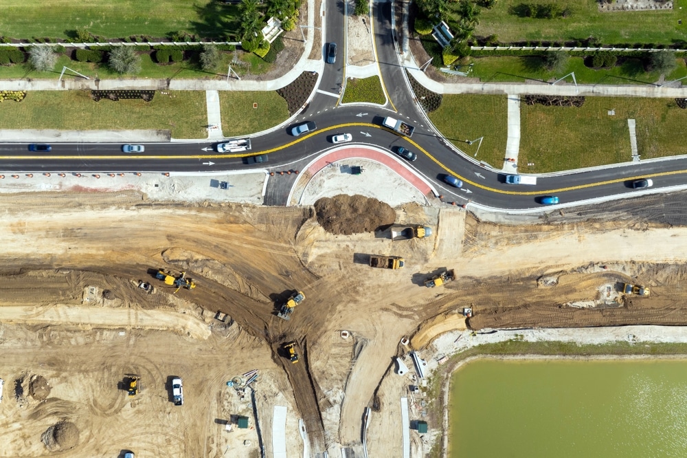 Aerial,View,Of,Busy,American,Highway,Road,Under,Construction.,Development