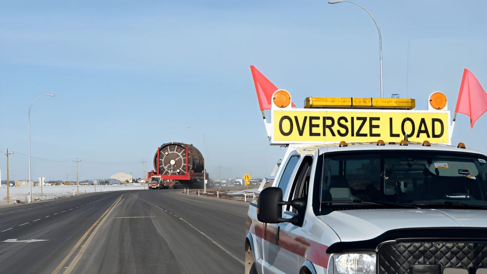 Oversize load pickup in front of semi hauling oversized load
